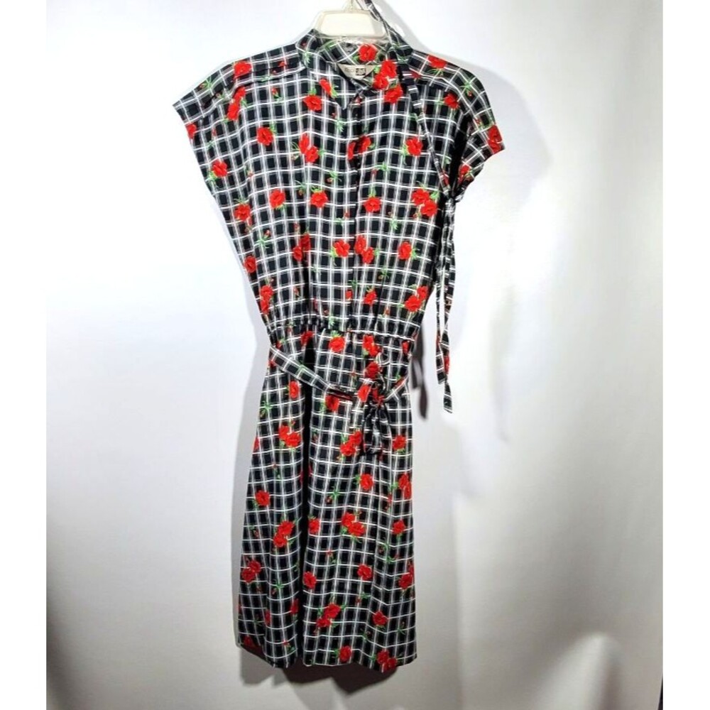 Vtg 70s Sears Fashion Cottagecore Rockabilly Plaid Red Poppy Floral Dress L/XL